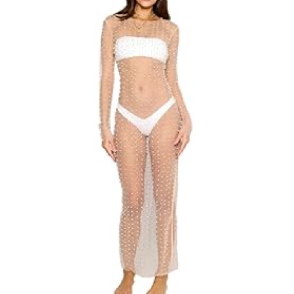 Sheer White Beaded Cover-Up Dress